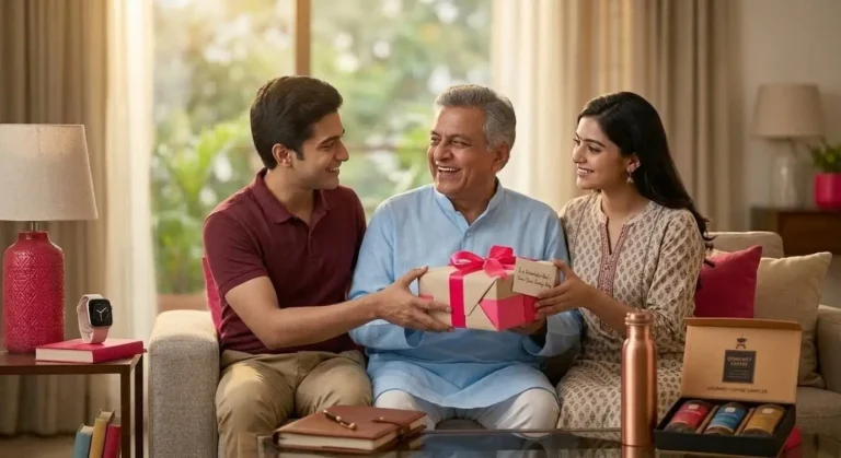 Indian family celebrating Father's Day, father receiving gifts from son and daughter.