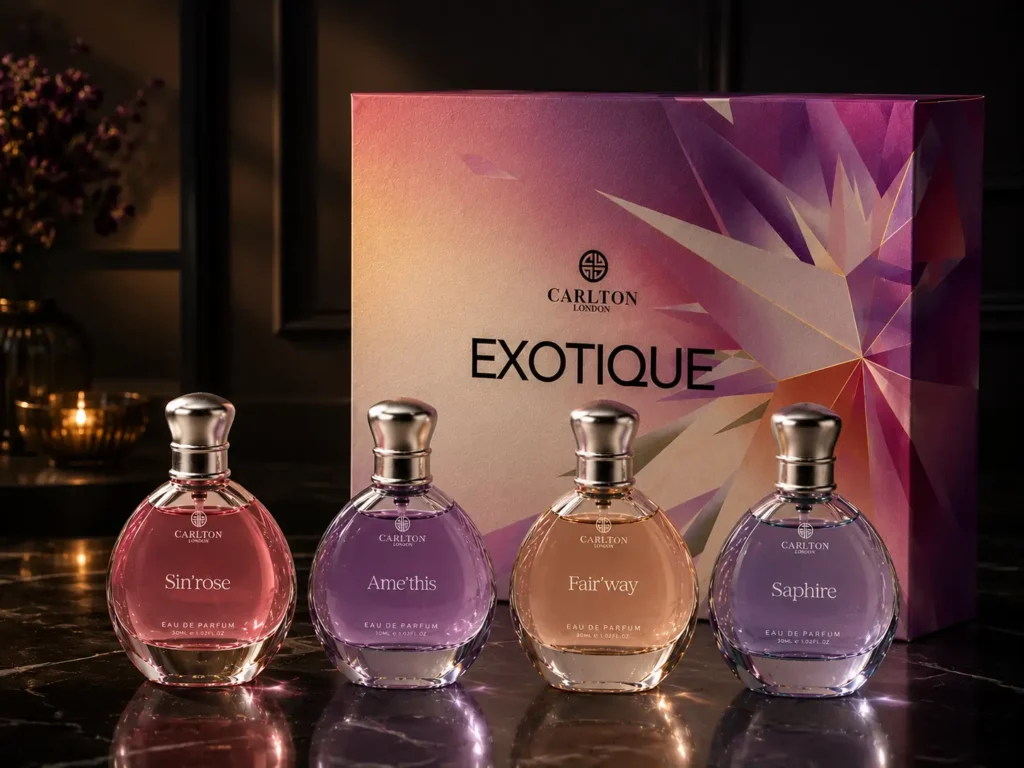 Carlton Exotique Eau de Parfum: A luxurious set of sophisticated floral and woody scents, perfect for everyday elegance.