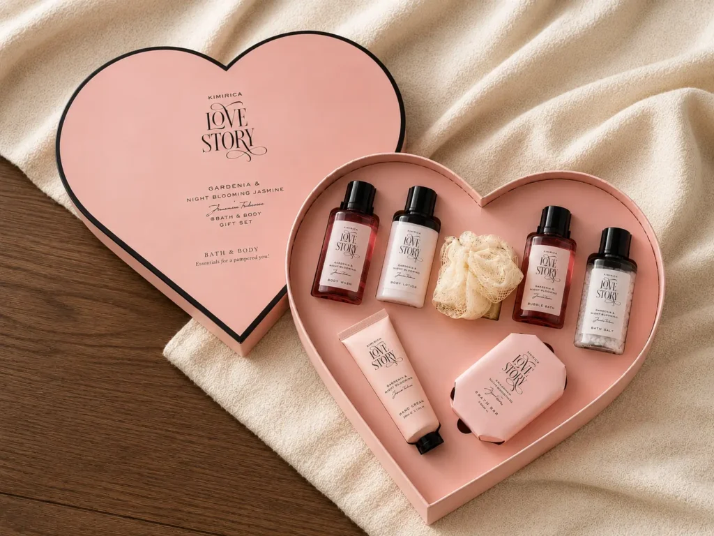 Kimirica Love Story luxury bath and body gift set for girlfriend in heart-shaped gift box