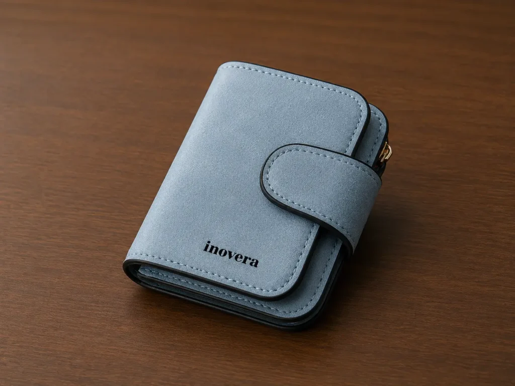 Eco-friendly vegan leather tri-fold wallet with dedicated slots for cards and currency, featuring a sleek, durable design.
