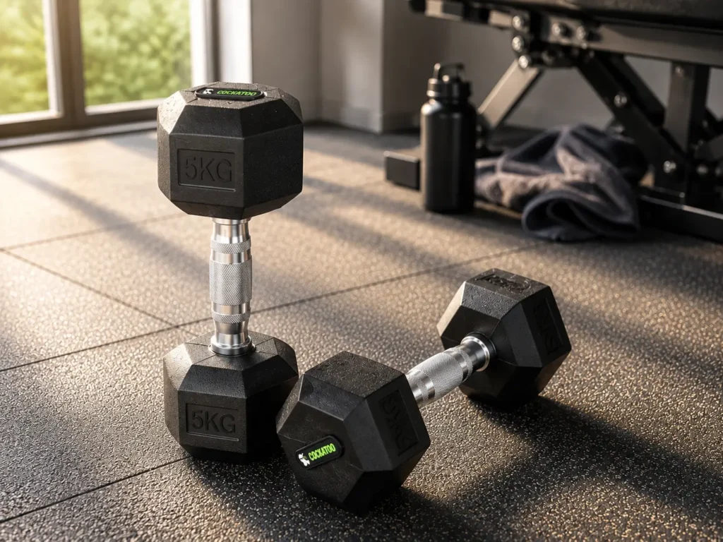 Pair of black rubber-coated hexagonal dumbbells on gym floor