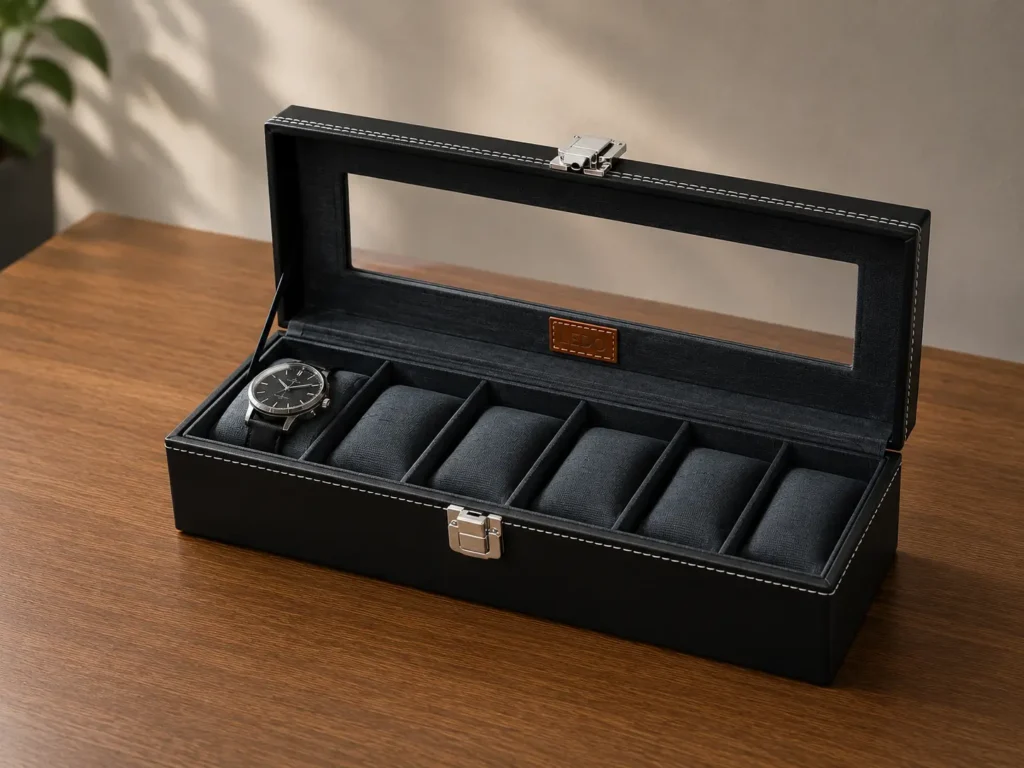 Wooden watch display box with clear glass lid holding a wristwatch