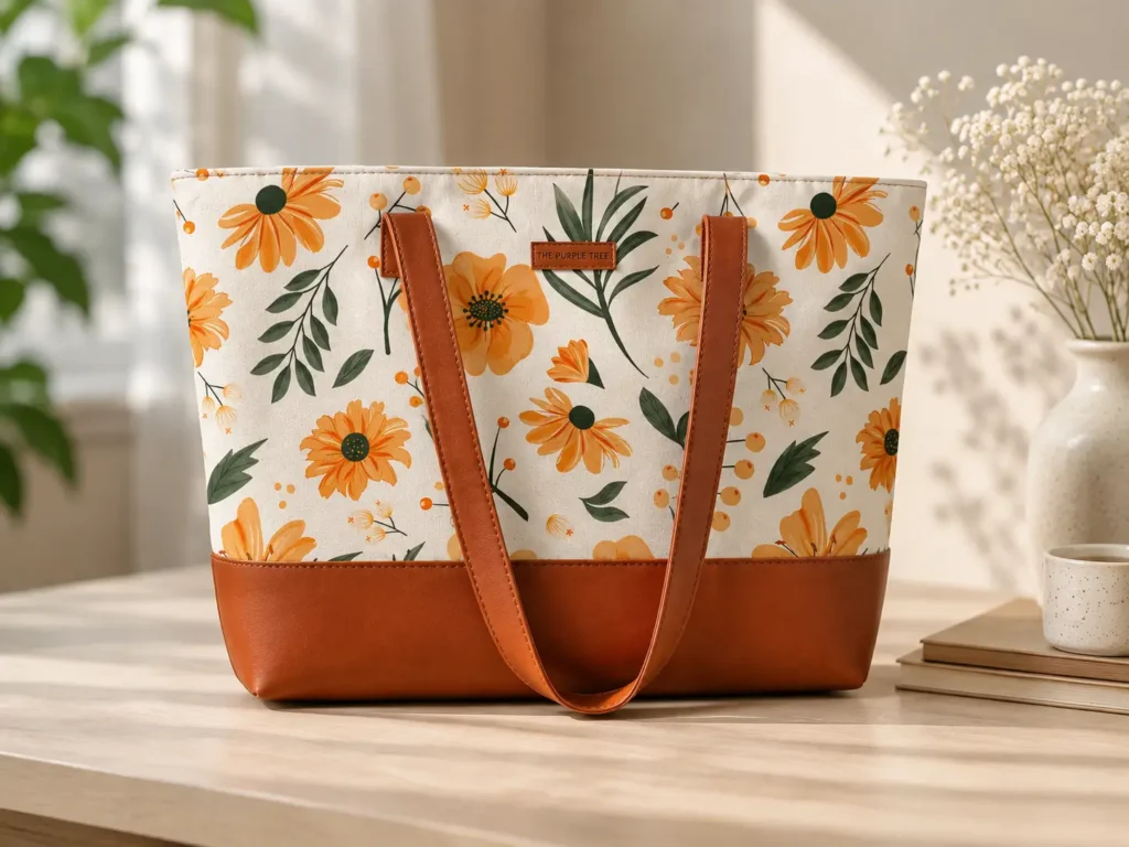 Handcrafted women tote bag with brown vegan leather handles