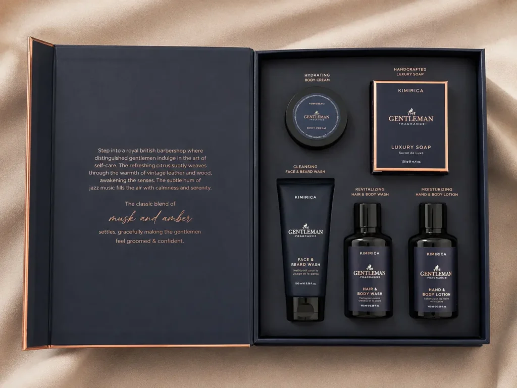 5-piece men's personal care grooming set arranged in a gift box