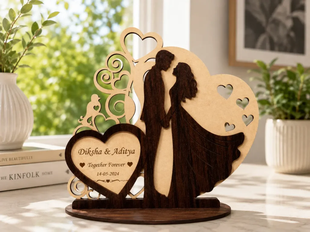 Personalized wooden heart desk frame with custom engraved names