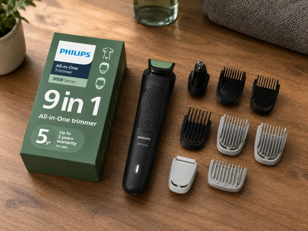 Black cordless electric trimmer with precision guard attachments