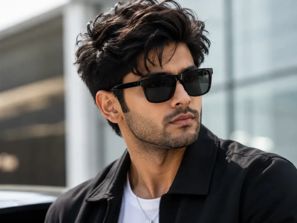Classic square-frame polarised sunglasses with dark UV-protected lenses
