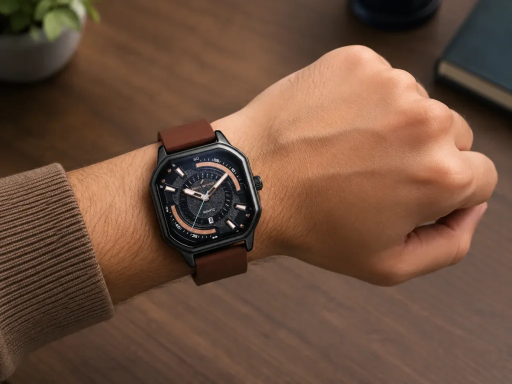 Men's octagonal analogue quartz watch with dark dial and silicone strap