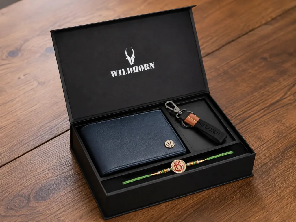 Men's leather wallet and handcrafted thread inside a festive hamper box